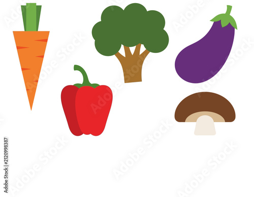 Assorted Fresh Vegetables: Carrot, Broccoli, Eggplant, Bell Pepper, Mushroom - Healthy Food Icons