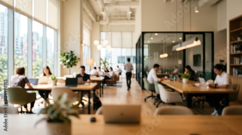 blurred office background modern coworking space people working business meeting corporate environment interior design creative workspace