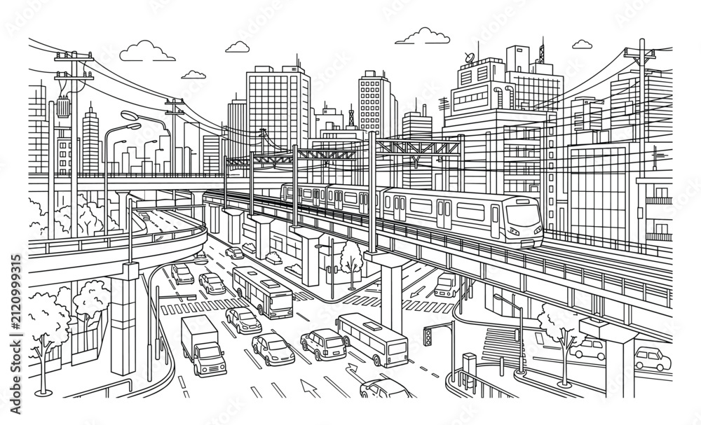 Obraz premium Busy city street with cars, buses and train, urban transport