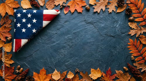 Folded american flag resting on dark textured stone background framed by colorful dried autumn maple leaves pine cones and small acorns perfect for patriotic seasonal decor.