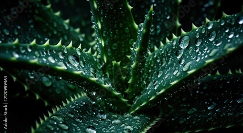 Close-up macro photography of a lush green aloe vera succulent plant leaves covered in fresh morning dew drops for organic wellness concept
