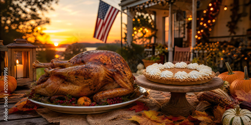 Roasted thanksgiving turkey and pumpkin pie on outdoor table at sunset features american flag background with pumpkins autumn leaves and festive holiday porch lights in distance.