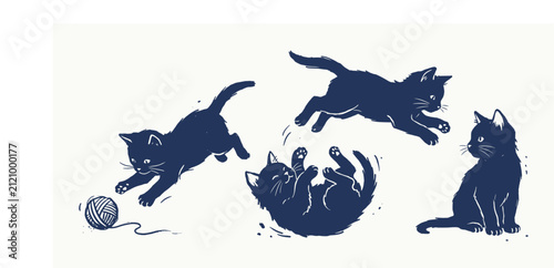 Playful kitten silhouettes in hand drawn ink illustration style with red yarn ball