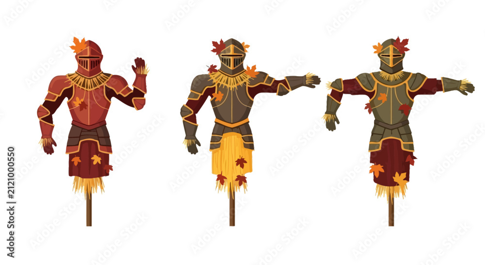 Naklejka premium Autumnal Armor Scarecrows Set with Falling Maple Leaves