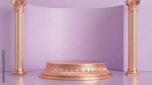 Rose gold podium with columns on purple background.