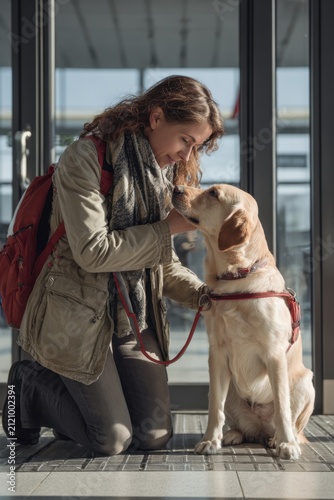 Dog supports person with invisible disability in public space during daytime