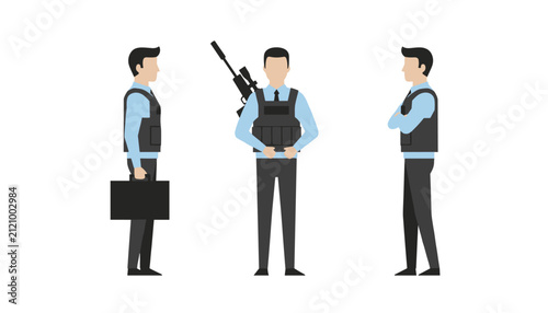 Professional security guard or special force agent characters shown from different angles with bulletproof vests and a rifle.