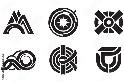 Six Abstract Black Logos with Geometric and Organic Elements Keywords: abstract, logo, symbol, design, geometric, organic, black, white, graphic