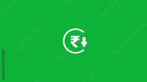 Abstract rupee rate increase stretching arrow down icon, rupee rate down looped icon concept. rupee currency price down animation. Circle with down arrow sign on green background.