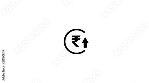 Abstract rupee rate increase stretching arrow up icon, rupee rate growth looped icon concept. rupee currency price up animation. Circle with down arrow sign on white background.