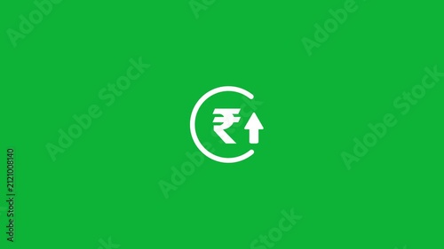 Abstract rupee rate increase stretching arrow up icon, rupee rate growth looped icon concept. rupee currency price up animation. Circle with down arrow sign on green background.