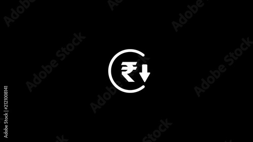 Abstract rupee rate increase stretching arrow down icon, rupee rate down looped icon concept. rupee currency price down animation. Circle with down arrow sign on black background.