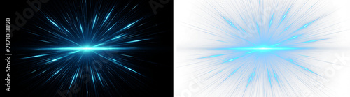 Fotografie Glowing blue lens flare hyperspace light beam effect with burst rays and bright cosmic energy explosion isolated on transparent background for sci-fi overlay design, cutout PNG asset graphic elements