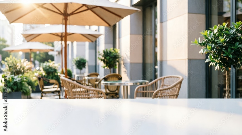Fototapeta premium Outdoor Café Seating with Umbrellas and Greenery for Lifestyle Design