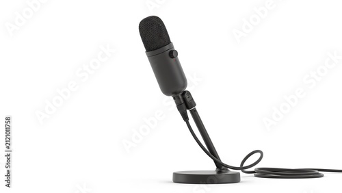 Modern black desktop microphone isolated on white background