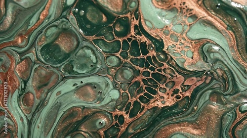 Abstract fluid art swirling organic patterns in green and copper tones