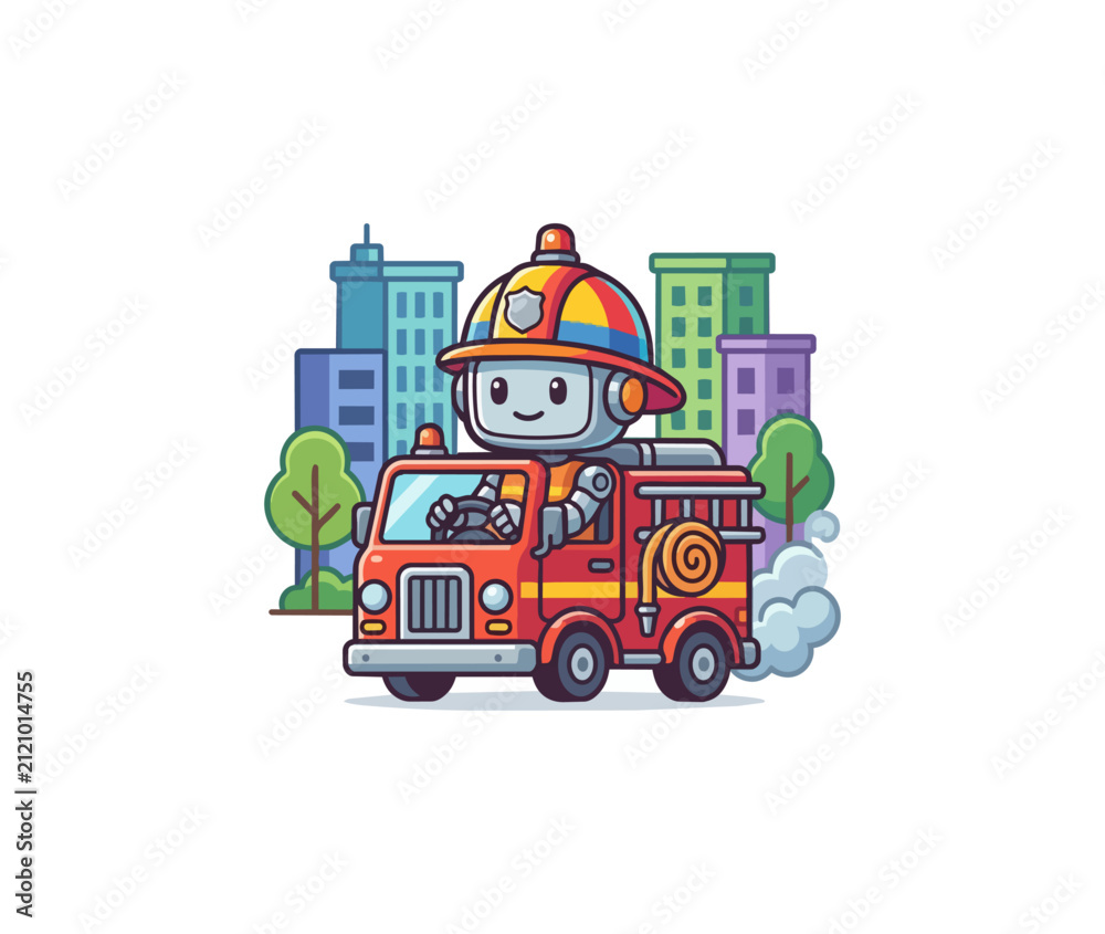 Fototapeta premium Cartoon robot firefighter driving red truck in city