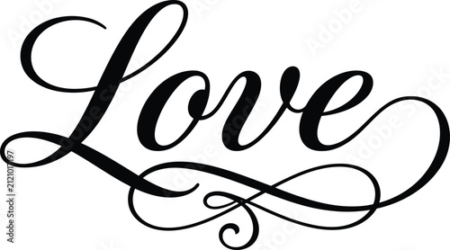 Elegant black ink calligraphy style love typhography design featuring a beautiful flowing script font on a plain white background