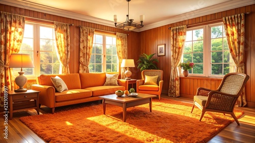 Inviting and warm retro living room with vibrant orange sofa and abundant natural light
