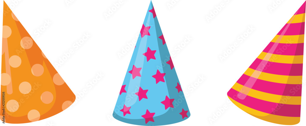 Obraz premium Set of colorful party hats with polka dot, star, and striped patterns for celebration vector illustration