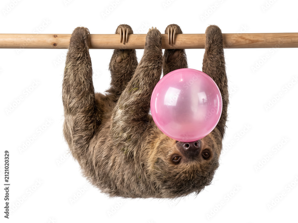 Fototapeta premium Funny brown sloth hanging on a wooden branch while blowing a big pink bubble gum ball transparent background