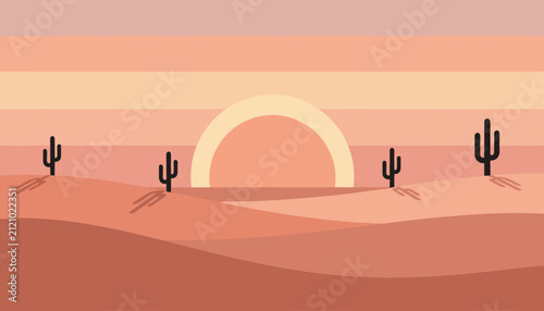 Minimalist desert landscape vector background showcasing a warm orange sunset over rolling sand dunes and saguaro cacti.