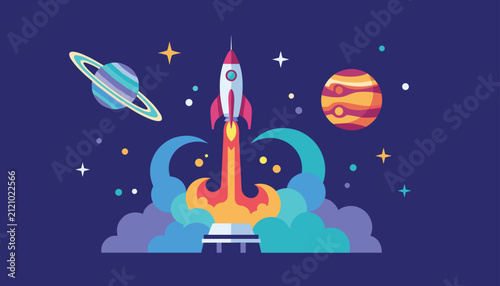 Rocket ship launching into space with colorful smoke clouds amidst star constellations, Saturn, and Jupiter.