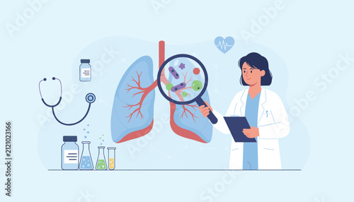 Female doctor in white coat holding a magnifying glass to inspect bacteria and viruses on human lungs for respiratory diagnosis.