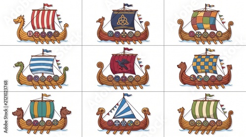 Collection of Viking Longships with Colorful Sails and Ornamental Designs, Medieval Norse Ship Illustration Set
