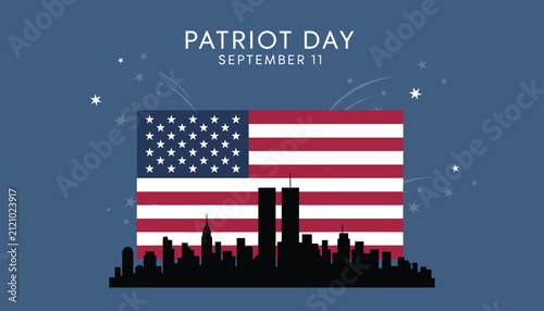 Patriot Day memorial illustration with the American flag and New York City skyline silhouettes on a dark blue background.