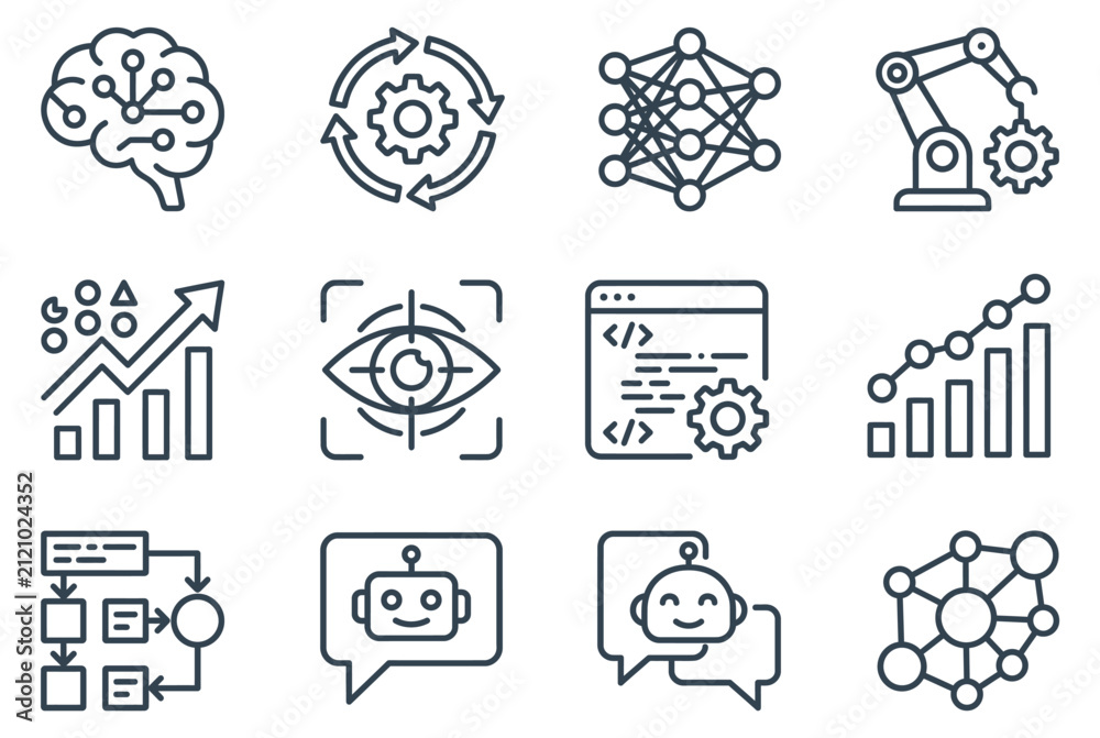 Fototapeta premium Artificial Intelligence Technology Line Icon Set