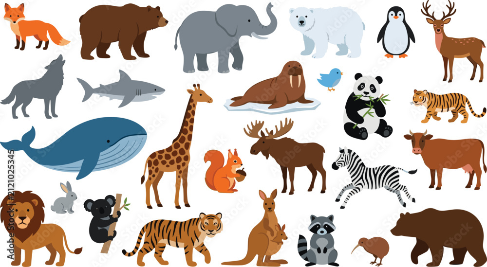 Obraz premium Colorful Cartoon Animals Mega Bundle Comprising Elephant Whale Lion Giraffe Tiger Panda Polar Bear Kangaroo Penguin Walrus Zebra Moose and Fox for Kids Graphic Designs
