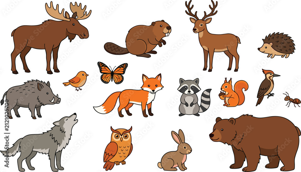 Obraz premium Woodland Forest Wild Animals Cartoon Collection Presenting Moose Beaver Deer Hedgehog Boar Fox Raccoon Squirrel Wolf Owl Rabbit and Big Brown Bear Character Icons