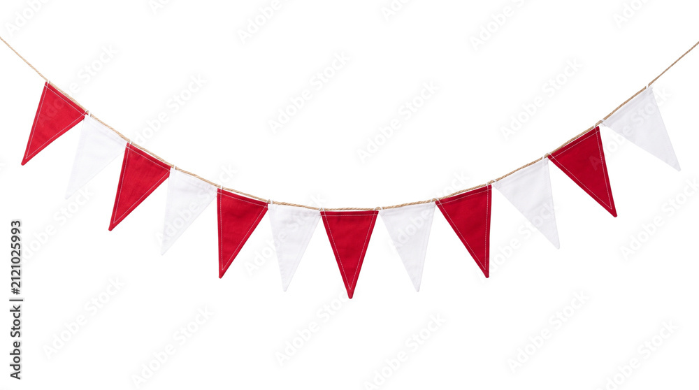 Obraz premium Red and white bunting flags. Festive triangular pennants hanging on a string.