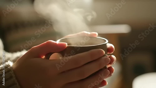 Close-up of person's hands holding a steaming cup of warm coffee or tea in a cozy indoor setting