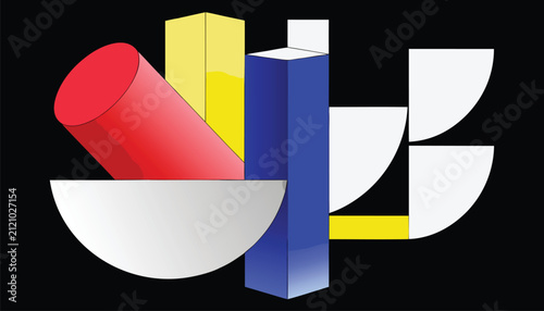 Abstract geometric composition with 3D shapes. Modern bauhaus style graphic design element.