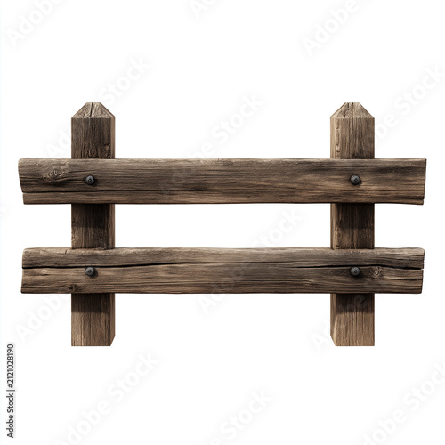 Rustic wooden fence isolated on white. Weathered timber rail barrier for farm or garden.