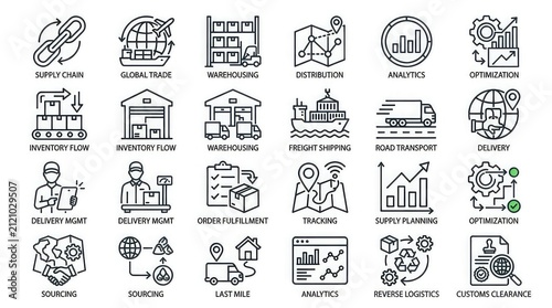 Supply chain management icons set for business logistics with collection black line delivery management order fulfillment reverse logistics with customs clearance