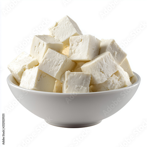 Fresh paneer cubes in a white bowl. Indian cottage cheese pieces isolated on white.