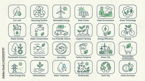 Environmental icons for sustainable living with displays collection 20 icons representing various eco friendly concepts transportation reforestation