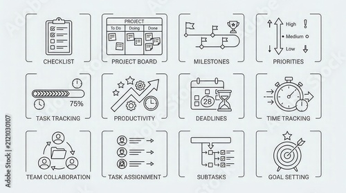 Business workflow organization with representing various aspects displays collection black white icons representing collaboration productivity