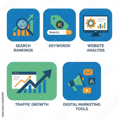 Seo optimization icon pack for digital marketing with displays collection five five icons related statistics magnifying analytics megaphone with rankings