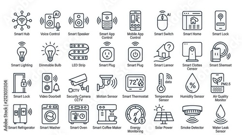 Smart home automation icons for various devices with displays collection black line icons labels technology appliances monitoring thermostat