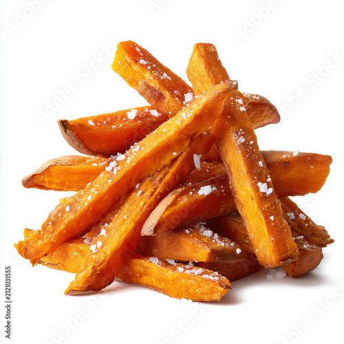 Stack of baked sweet potato fries. Crispy orange vegetable wedges with sea salt.