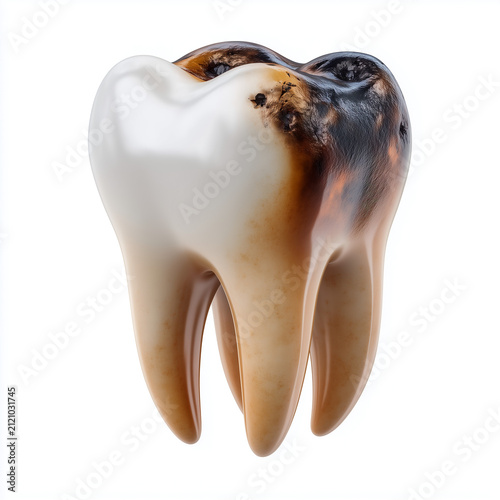 Tooth decay on a human molar. Dental cavity showing caries infection on white background.
