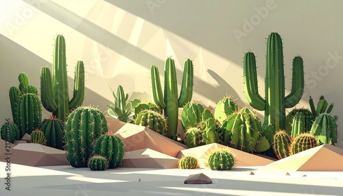 Colorful Desert Landscape with Cacti and Mountains.
