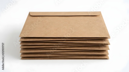 A stack of brown paper envelopes arranged neatly on a plain white background for office and mailing use