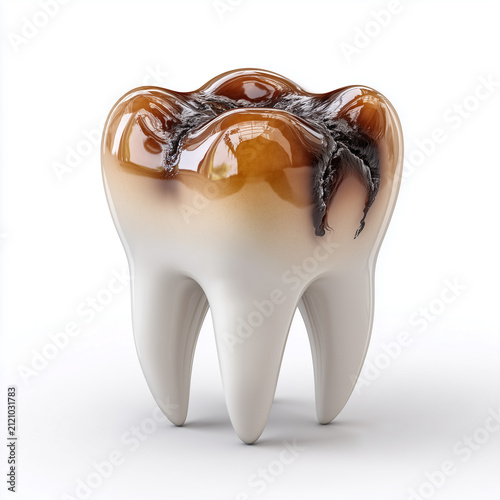 Human tooth with severe decay. Dental caries infection on a molar isolated on white.