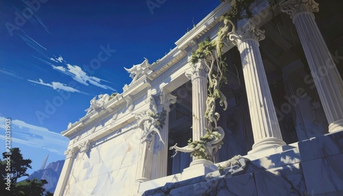 Classical White Marble Building with Ornate Columns and Ivy.