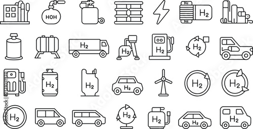 Cuadro en lienzo Hydrogen energy and fuel cell line icon set with H2 tank, charging station, elec